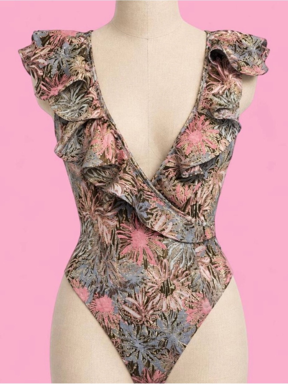 ✨ VS Metallic Shine Brocade Ruffle Bodysuit ✨ size small